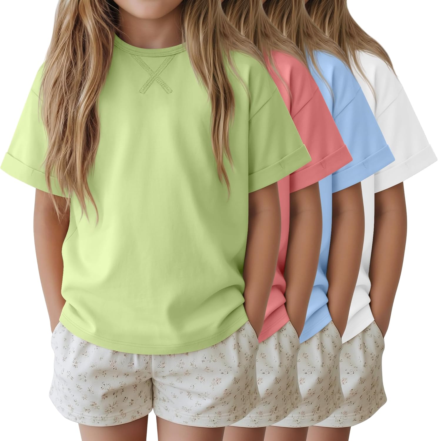 Oakgarden 4 Pack Girls' Short Sleeve T-Shirts Kids Summer Tees Loose Crew Neck Casual Dropped Shoulders Tops 5-14 Years
