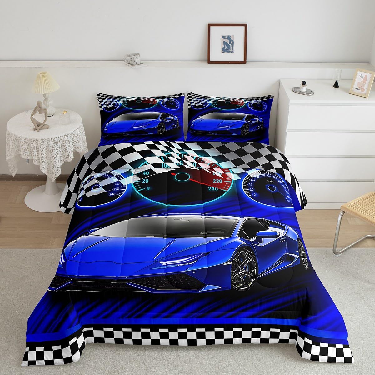 Feelyou Blue Race Car Bedding Set for Kids Boys Girls Twin Size Extreme Sports Comforter Set Teen Adult Ultra Soft Speed Sports Car Comforter Cool Car Duvet Quilt Bedroom Decor Racing Car Quilt