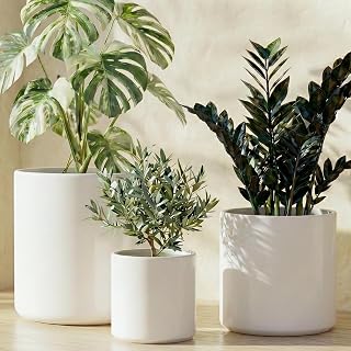 LETAUCI Ceramic Planters Set of 3 (10/8/6 Inch) Satin White Indoor Pots w/ Drainage Hole, Silicone Plug & Mesh - Modern Minimalist for Home Office