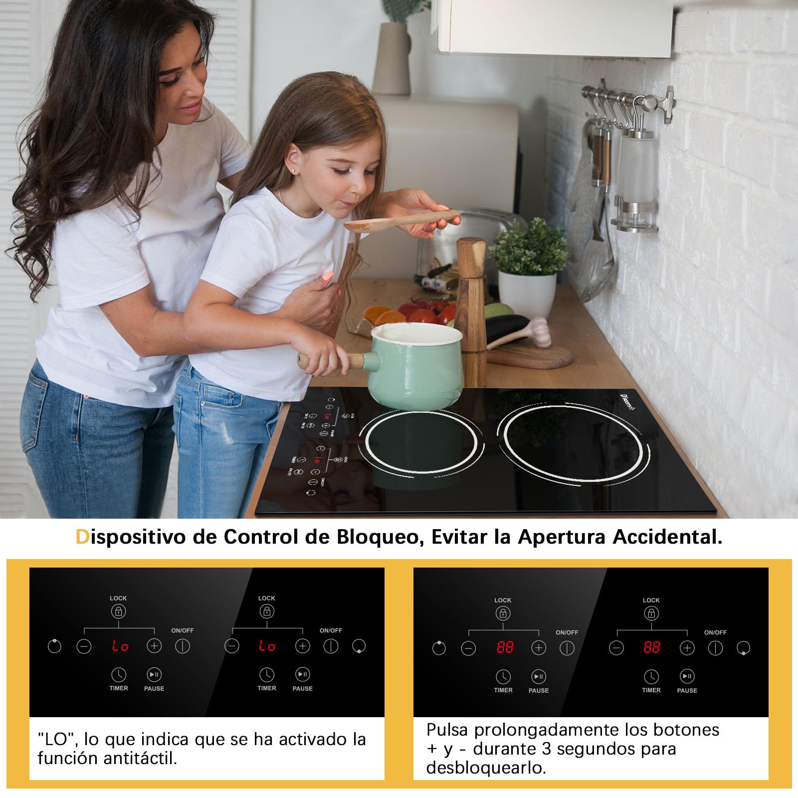 Placa Vitrocerámica 2 Fuegos 3000W, Vitroceramica Induccion Empotrable, Placa Electrica Cocina con Función de Pausa, Nivel de Potencia 9, Control de Tacto, Cronómetro | Función de pausa, temporizador, seguridad infantil, 9 niveles de potencia, 30 cm, 3000