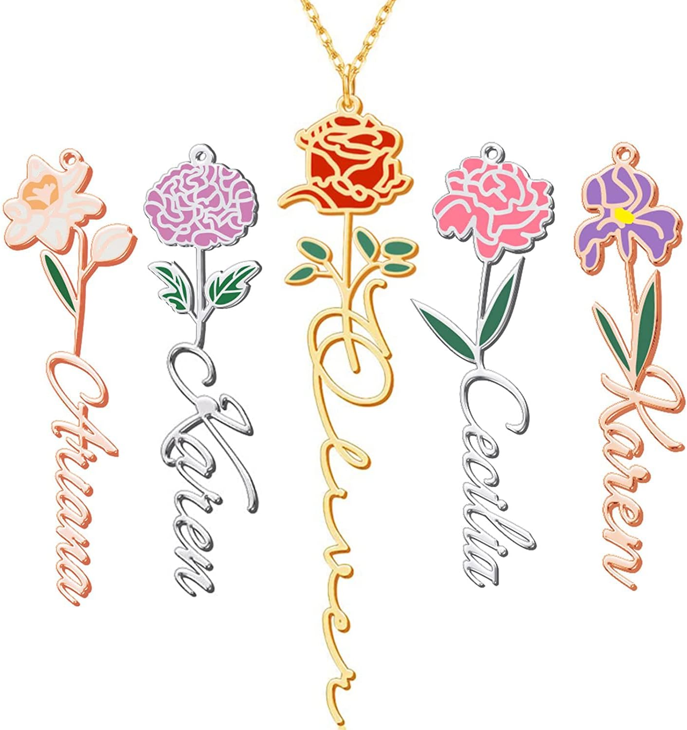 Birth Flower Necklace Custom Name Necklace Personalized Birth Month Dainty Flower Necklace in 18K Gold Plated Engrave Birth Flower Name Necklace for Women Her Mom Sisters
