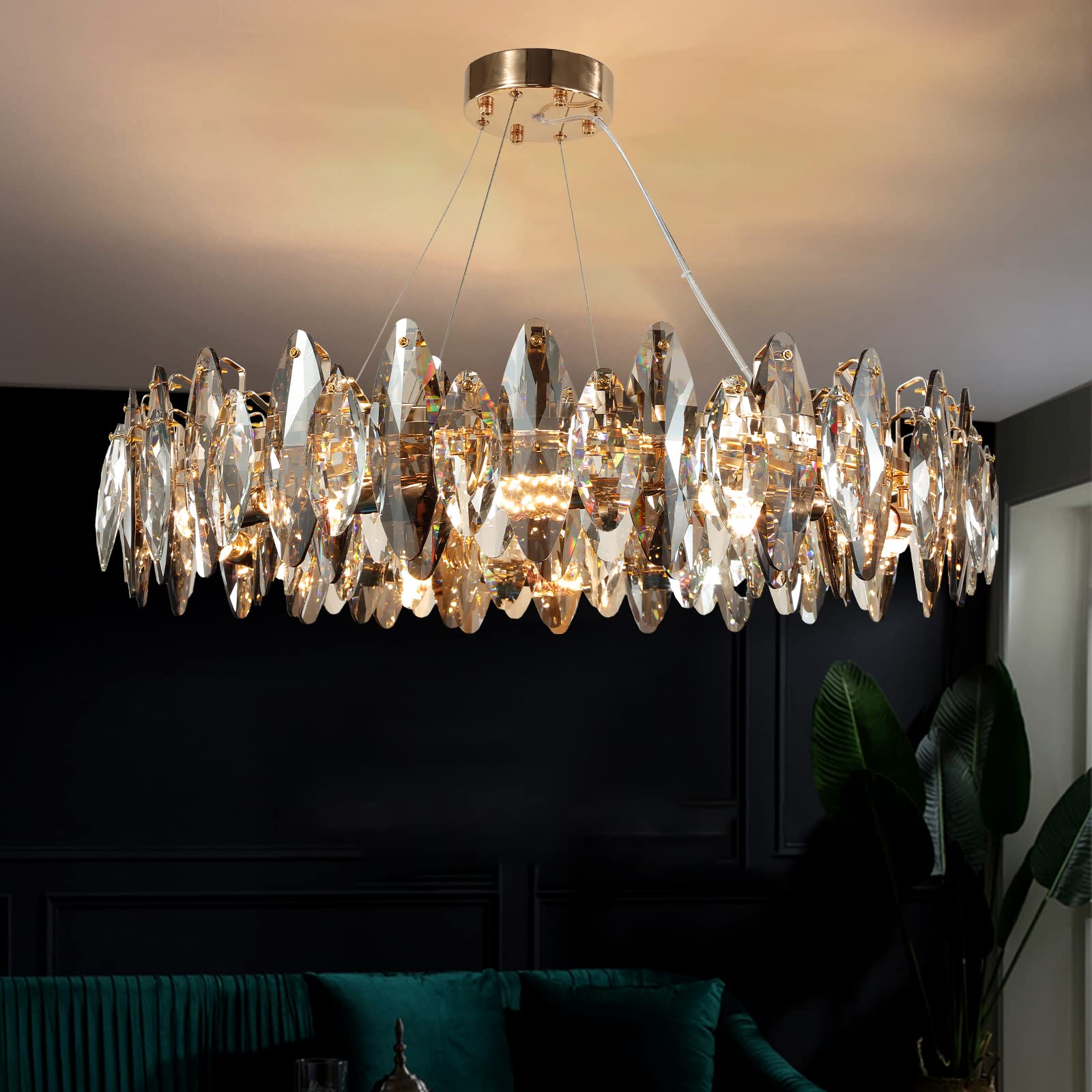 AHXIAOZN Modern LED Kristall Kronleuchter Luxus,Funkelnder Eiförmiger Kristall Deckenleuchte Gold,8xE14 Wohnzimmer Pendelleuchte,8-Flammig
