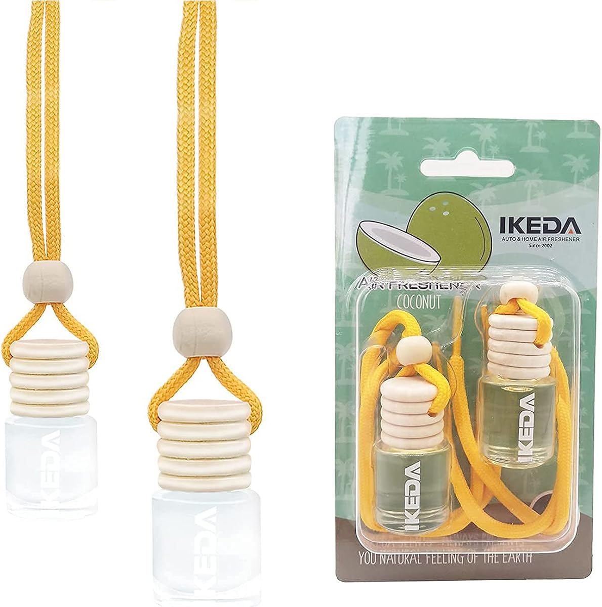 IKEDA 2 ambientadores para automóviles de 4 ml, aromas para automóviles | 45 días mantiene la fragancia | Botellas difusoras colgantes para automóviles | Elimina el olor automático, aire fresco de larga duración para hombres y mujeres, desodorante para el hogar (coco)