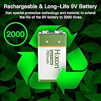 Vista 5 de Hixon Baterías de litio recargables USB de 9 V, baterías de iones de litio de larga duración de 760 mAh de 9 voltios con cable de carga tipo C