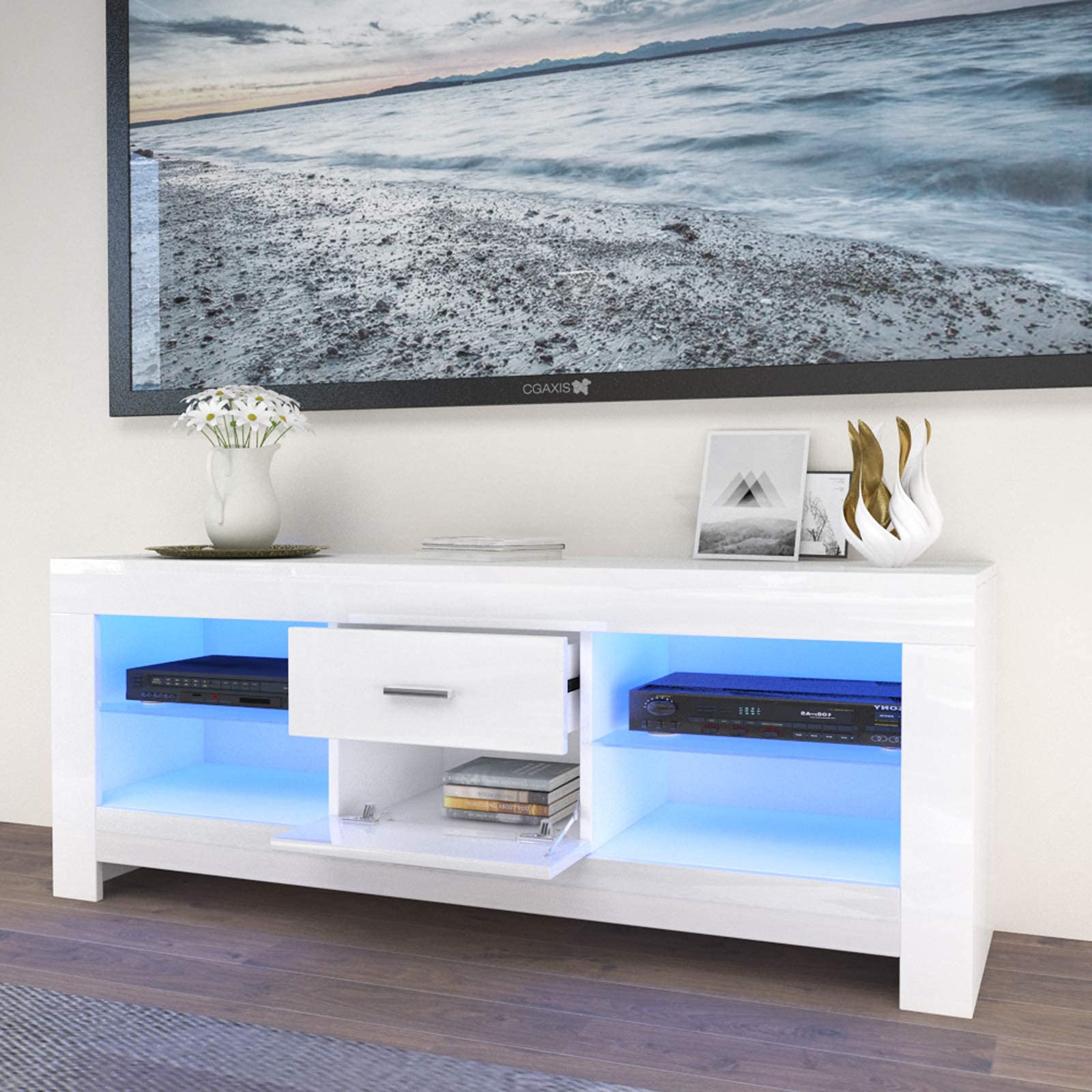 Dripex Mobile Porta TV con Luci LED, Mobile TV in Legno Moderno Design, Mobili per TV Cabinet Soggiorno Bianco Lucido 130 x 35 x 50 cm