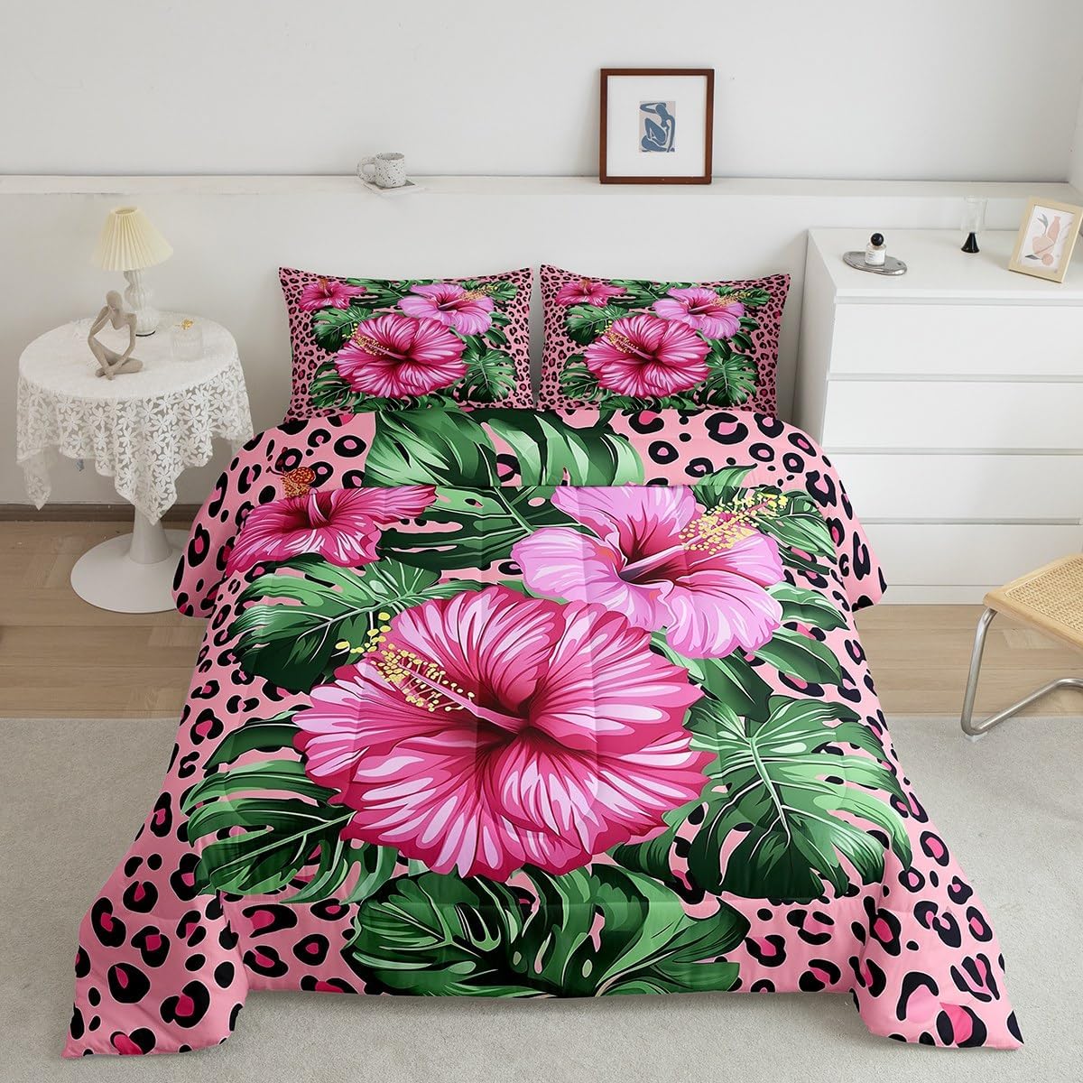 Erosebridal Tropical Plants Bedding Comforter Sets Pink Leopard Print Bedding Set Full for Kids Teen Adults,Hibiscus Flowers Green Palm Leaf Comforter Set Summer Hawaii Botanical Floral Bed Set