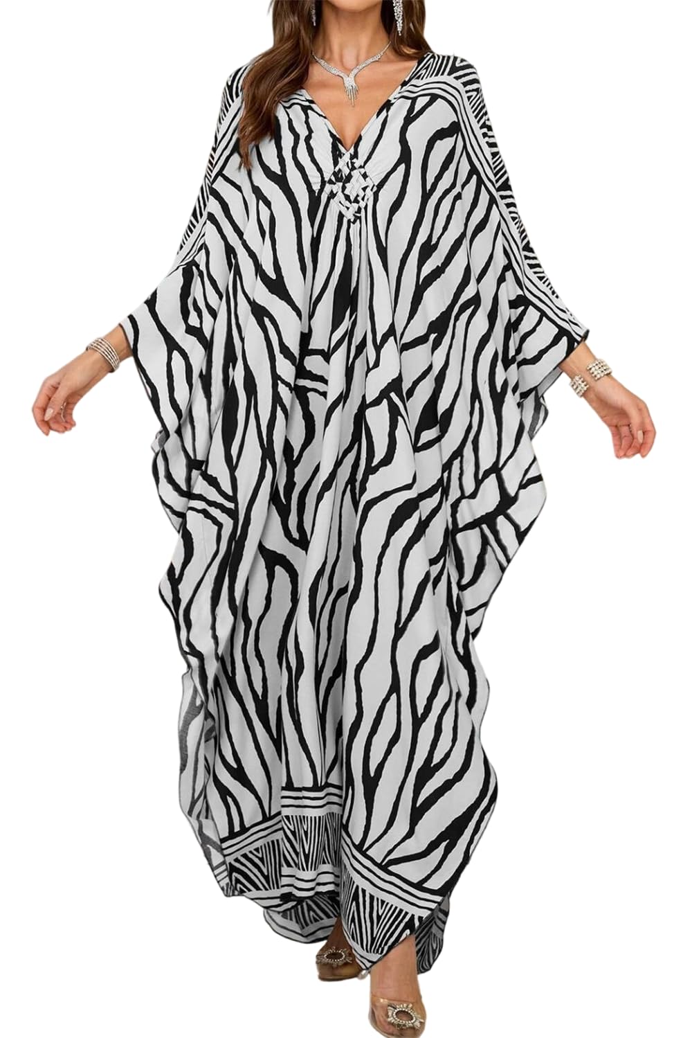 LikeJump Women's Cotton Print Kaftan Swimsuit Kimono Cover Up Loose Beach Robe Maxi Dress Black White