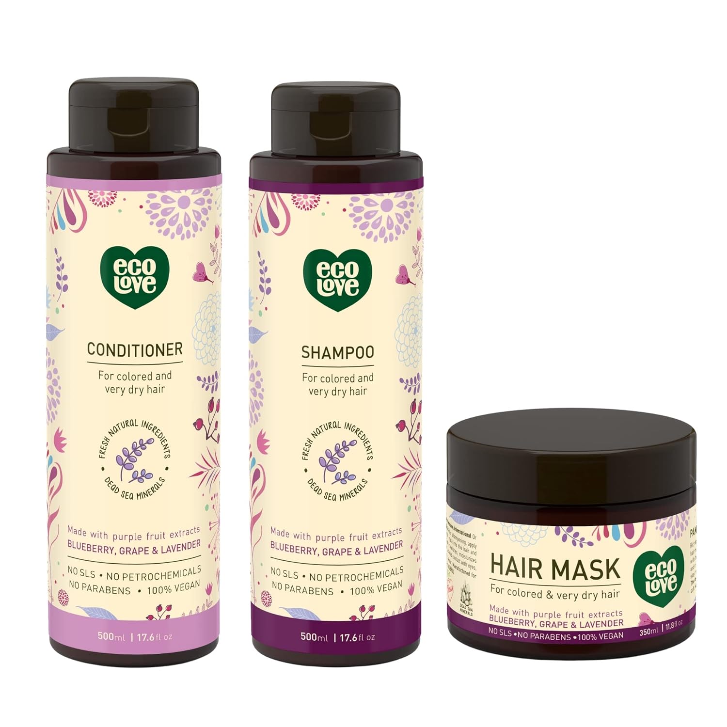 ecoLove Natural Lavender Extract Bundle Set, Hair Mask for Dry Damaged Hair & Natural Conditioner & Shampoo