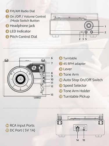 Miniatura 6 de Tocadiscos Bluetooth 7 en 1 con altavoces estéreo integrados, compatible con entrada y salida Bluetooth y radio AMFM, tocadiscos de 3 velocidades