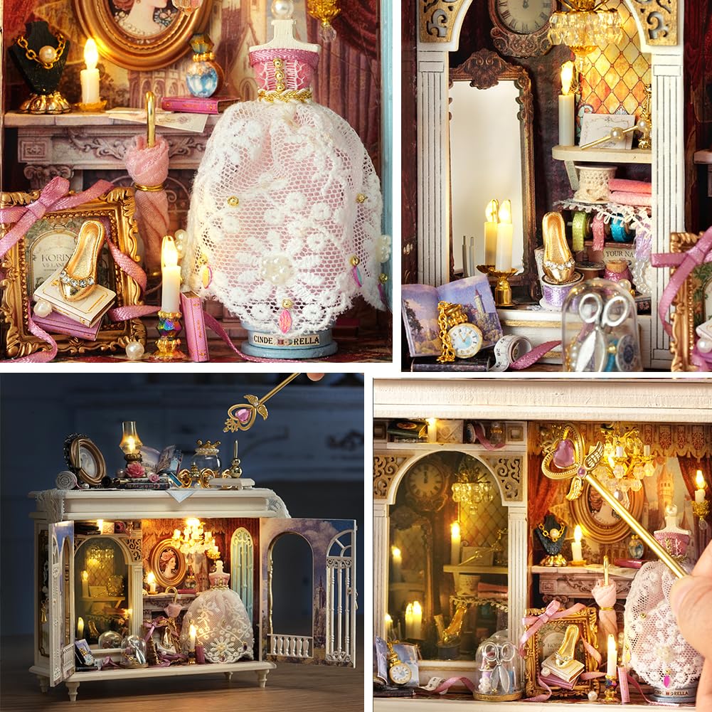 Kit fai da te in miniatura per casa delle bambole, puzzle in legno 3D, con inserto per libreria, con luci LED, modello 3D, regalo creativo