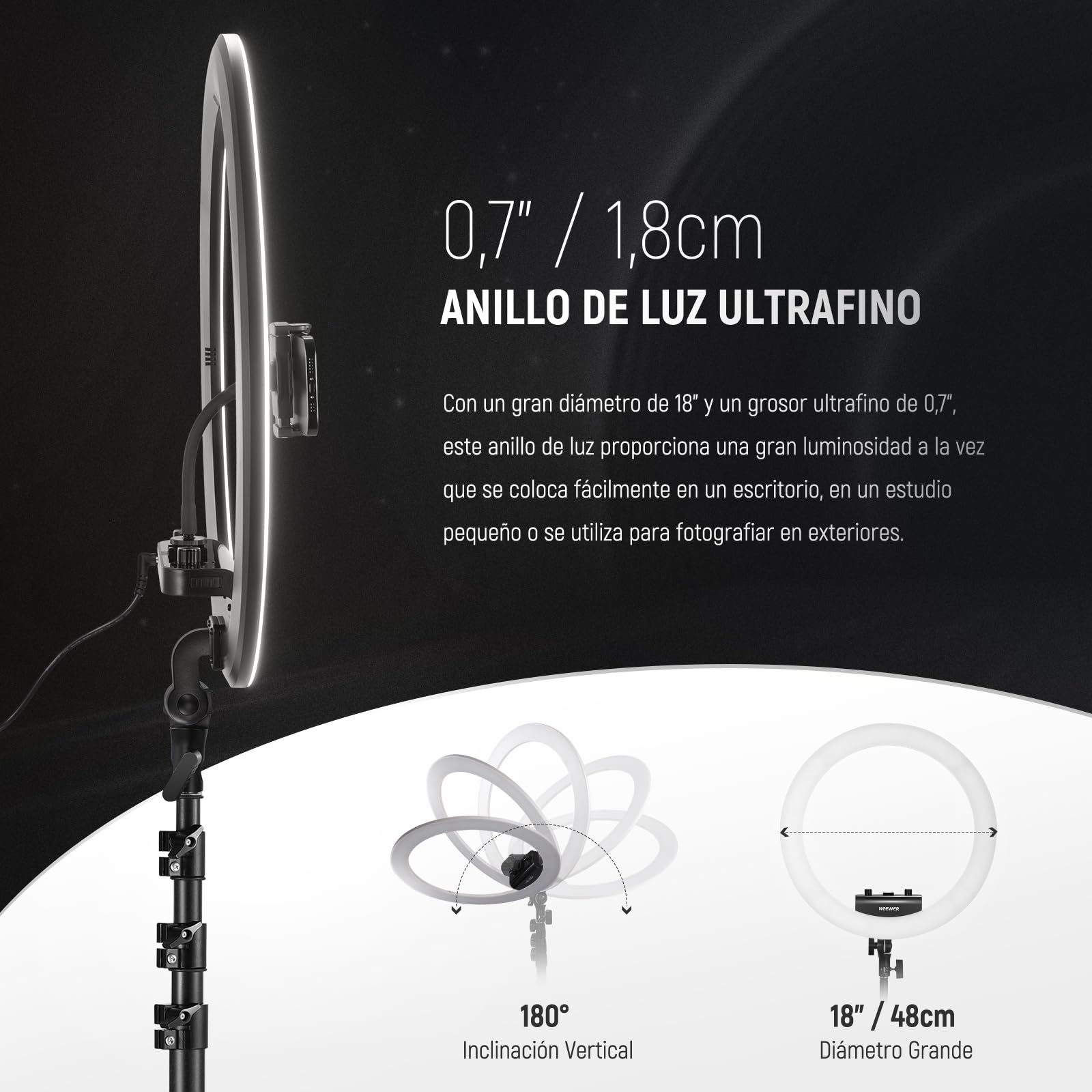 NEEWER RP18B Pro Aro de Luz 18" con Trípode y Soporte para Móvil, Compatible con iPhone, 45W 2900K-7000K App Control, Paño de Limpieza, Vídeo Selfie Maquillaje Estudio Iluminación de Streaming, Negro