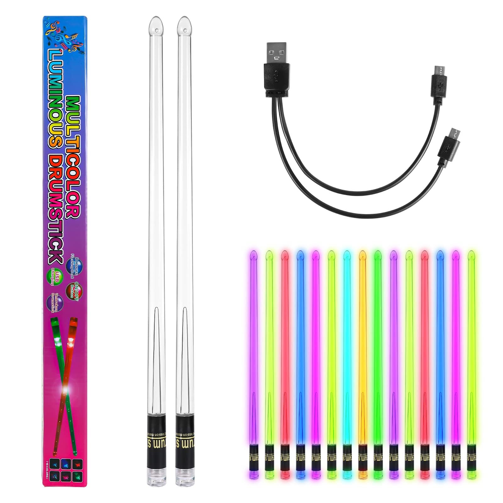 AzoneeLight Up LED Drum Sticks, PC Rechargeable Drumsticks Color-Changing 15 Colors Cool Drumsticks with Opening Key, Professional Musical Practice for Adults Drummers Kids