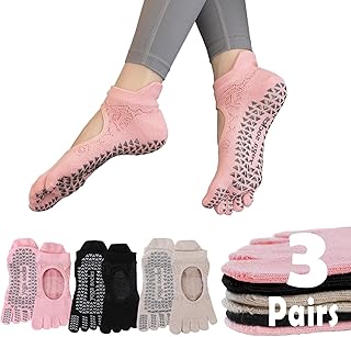 Calcetines Yoga Pilates Tabi Antideslizantes, Fitness Danza Mujer, Elásticos Transpirables de Algodón Deportivos de 5 Dedos (3 Pares), Rosa, Talla