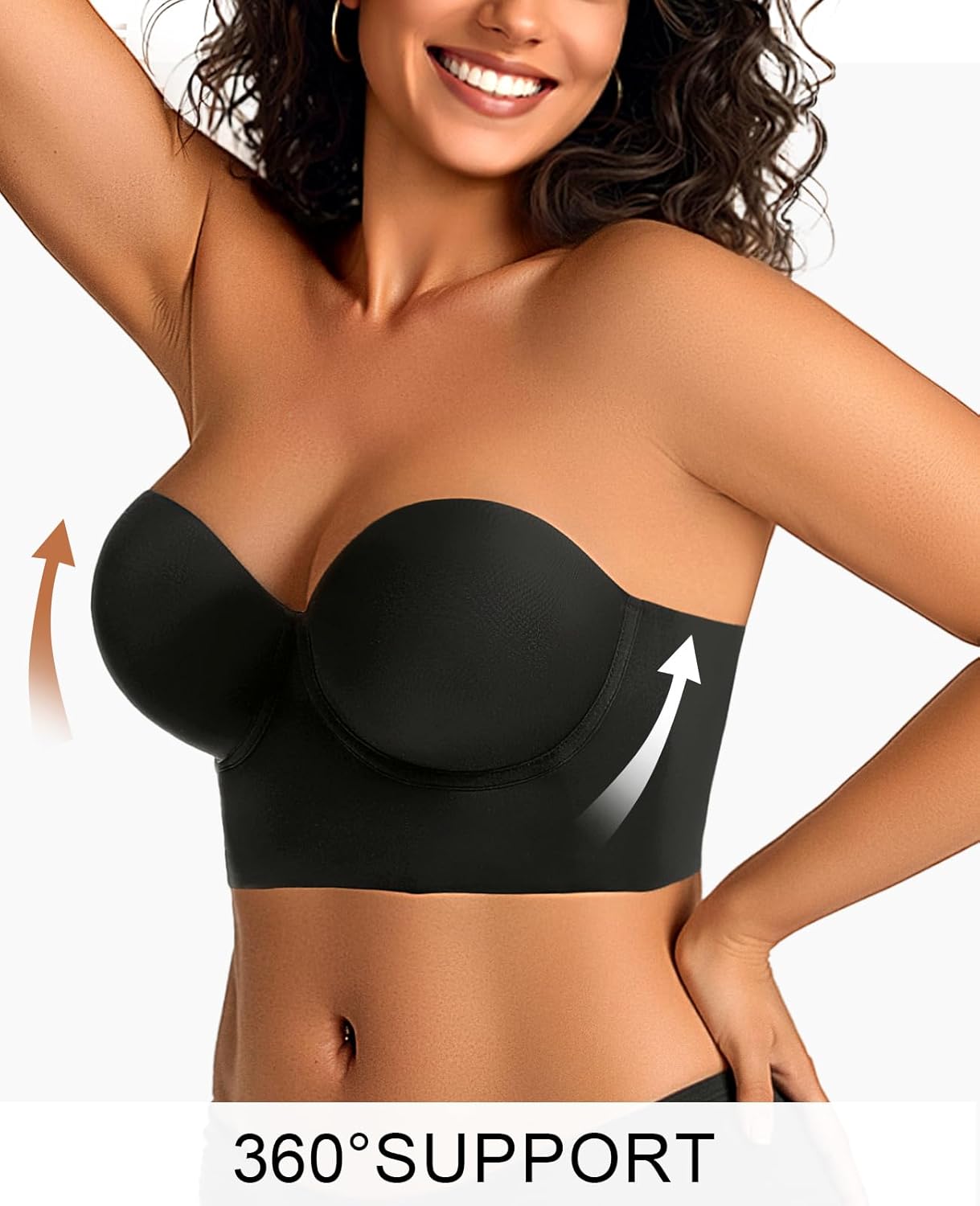 Longline Strapless Bras for Women Large Bust Plus Size Corset Lift Up Full Coverage Bra Black - Image 2