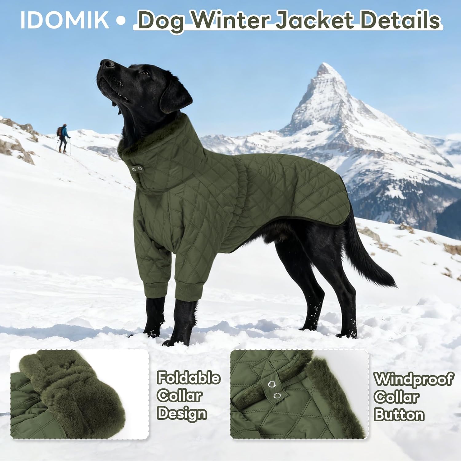 IDOMIK Dog Winter Coat for Large Dogs, Warm Dog Winter Jacket with Fleece High Collar, Zippered Cold Weather Coats for Dogs, Waterproof Doggy Snow Jacket Clothes,Green,3XL - Image 3