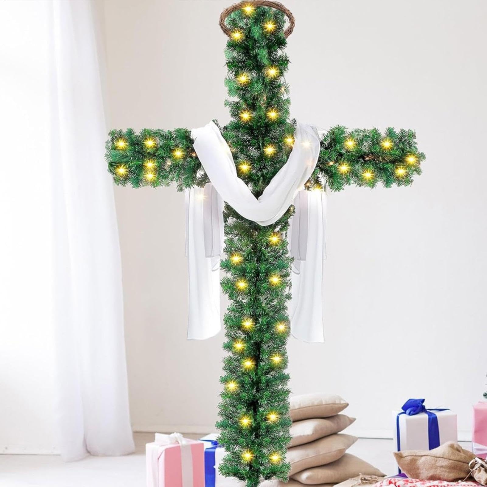 Árbol de Navidad Cruz Plegable - Árbol de Navidad Cruz Con Iluminación, 5 Pies De Pino Artificial Preiluminado, Árboles De Navidad Brillantes Con Bufanda De Seda