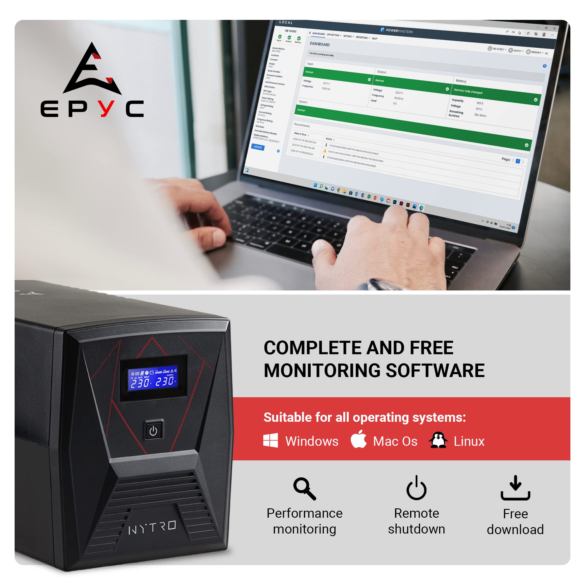 EPYC NYTRO – Onduleur Sinusoïdal Pur, Puissance 1500VA/900Watt, UPS pour PC de Jeu, Mac et Consoles, 5 Prises (2 x Schuko + 3 x IEC), Écran LCD, UPS Line Interactive