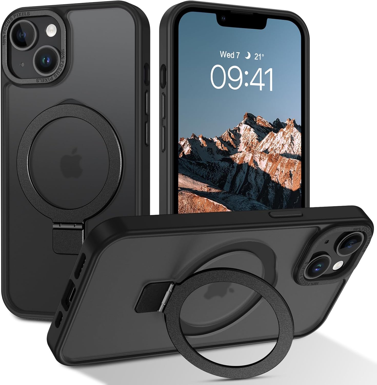 Telaso Magnetic for iPhone 14/iPhone 13 Case, Compatible with Magsafe with Magnetic Stand Ring Holder, Translucent Matte Back TPU Bumper Military Grade Protective Case for iPhone 14/iPhone 13, Black
