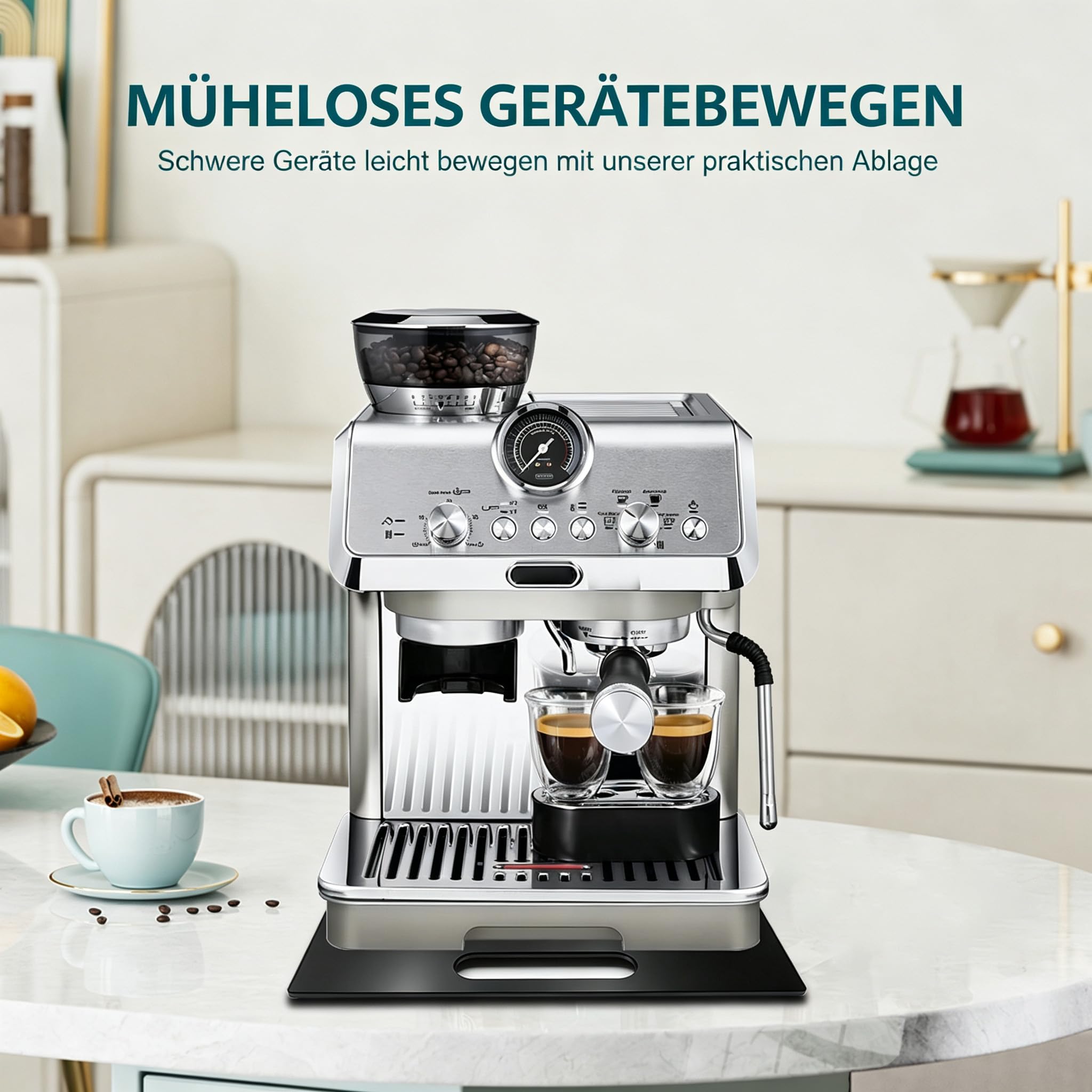 Tavola scorrevole in acrilico per macchina da caffè automatica, ruote a 360° con manico (33 x 40 cm)