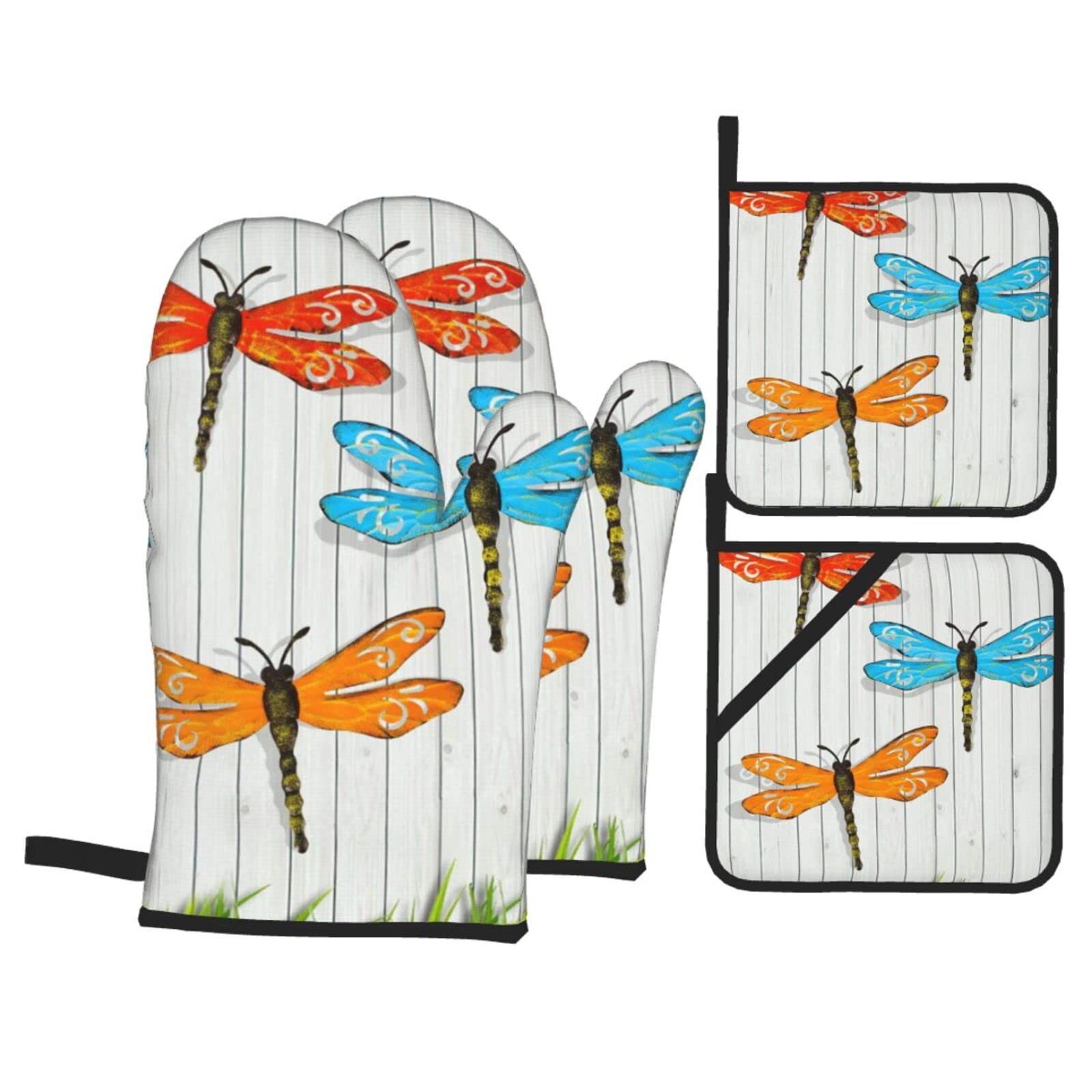 Dragonfly Fence Print Kitchen Baking Four Piece Set of Heat Resistant Thick Cotton Oven Mitts for Cooking, Baking and Grilling