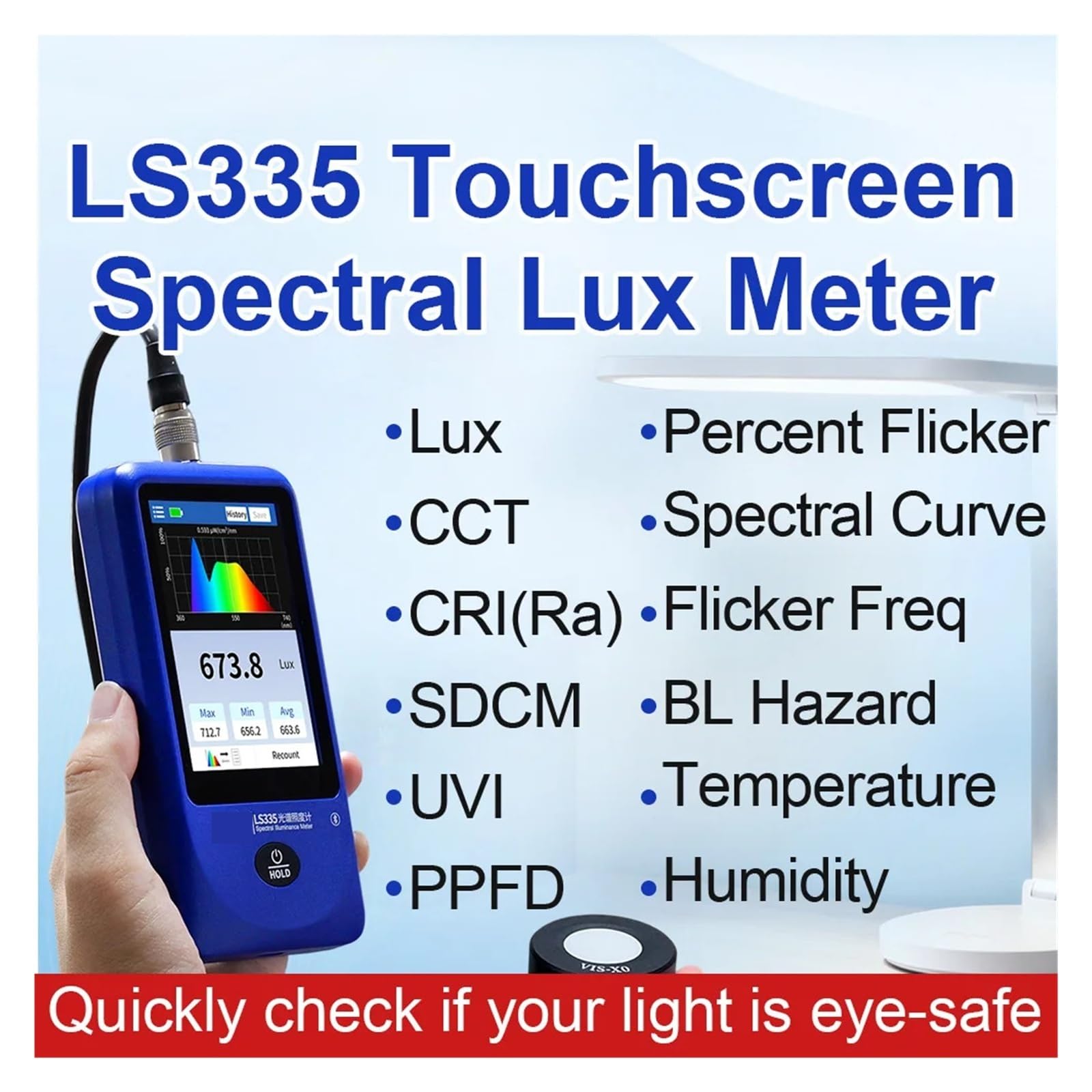 Digitales Spektralbeleuchtungsmessgerät, Multi-Parameter-Lichttester für CRI, CCT, Lux-Messung (400 nm-700 nm) mit 0,1 Lux Auflösung, ideal für Beleuchtungsanalyse