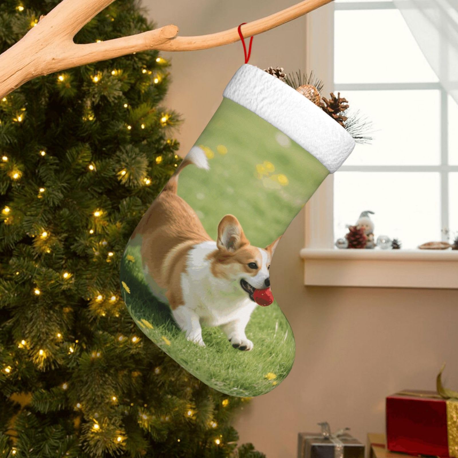 Velvet Christmas Stockings 17.7 Inch, Corgi Xmas Stocking with Soft Cuff,Classic Personalized Christmas Tree Decoration for Family Holiday New Year Party Supplies