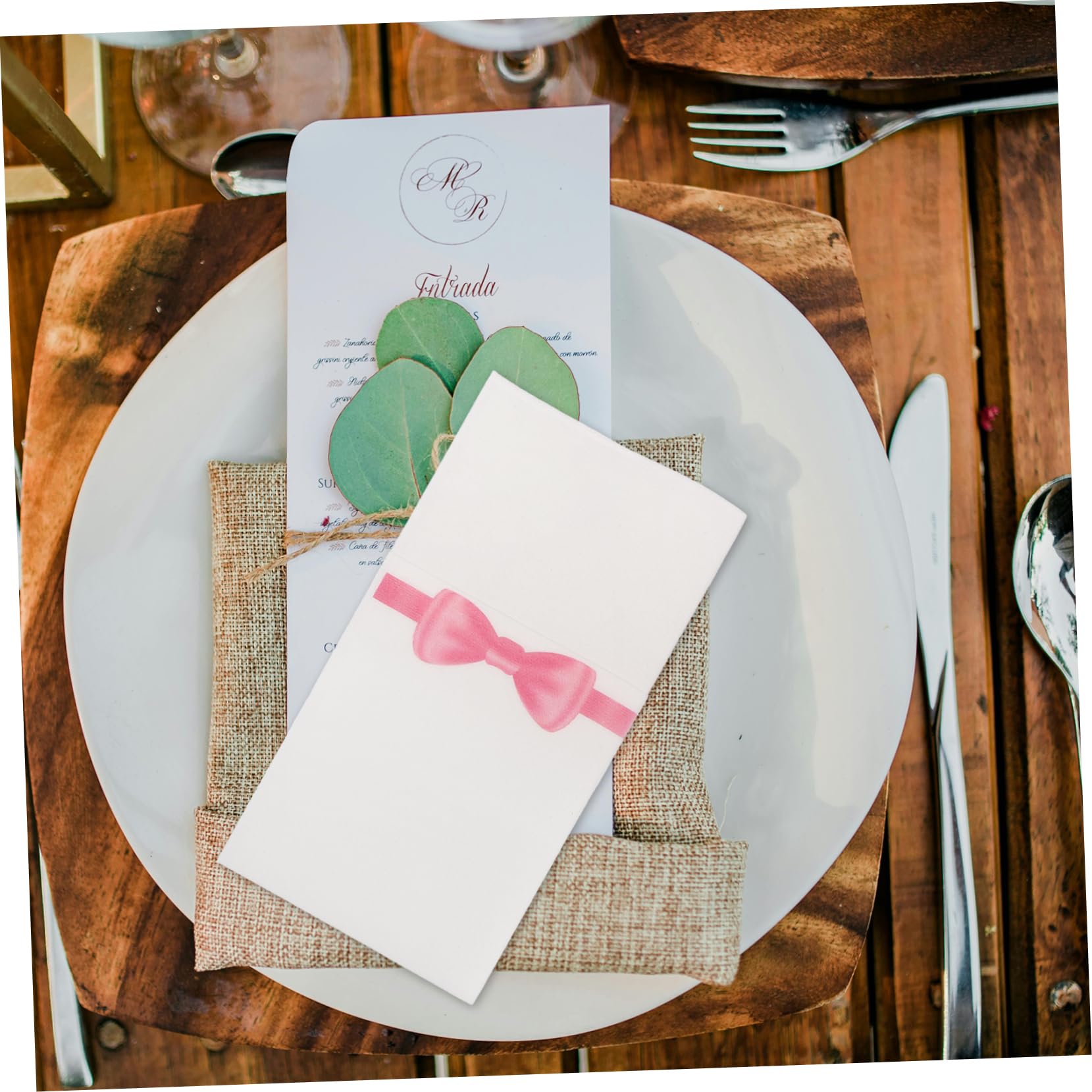 PLAFOPE Servilletas de Papel para Cubiertos, 50 Piezas, Plegadas y Fáciles de Guardar, Estampado de Lazo Rosa, para Restaurante y Cocina