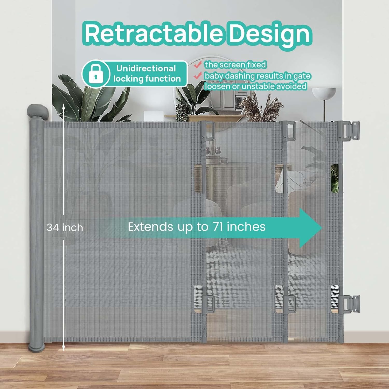 Retractable Baby Gate, Upgraded One-Way Lock Mesh Dog Gate Tall 34”, Extends up to 71” Extra Wide Pet Gate and Safety Child Gate for Stairs, Doorways, Hallways, Banisters, Indoors, Outdoors