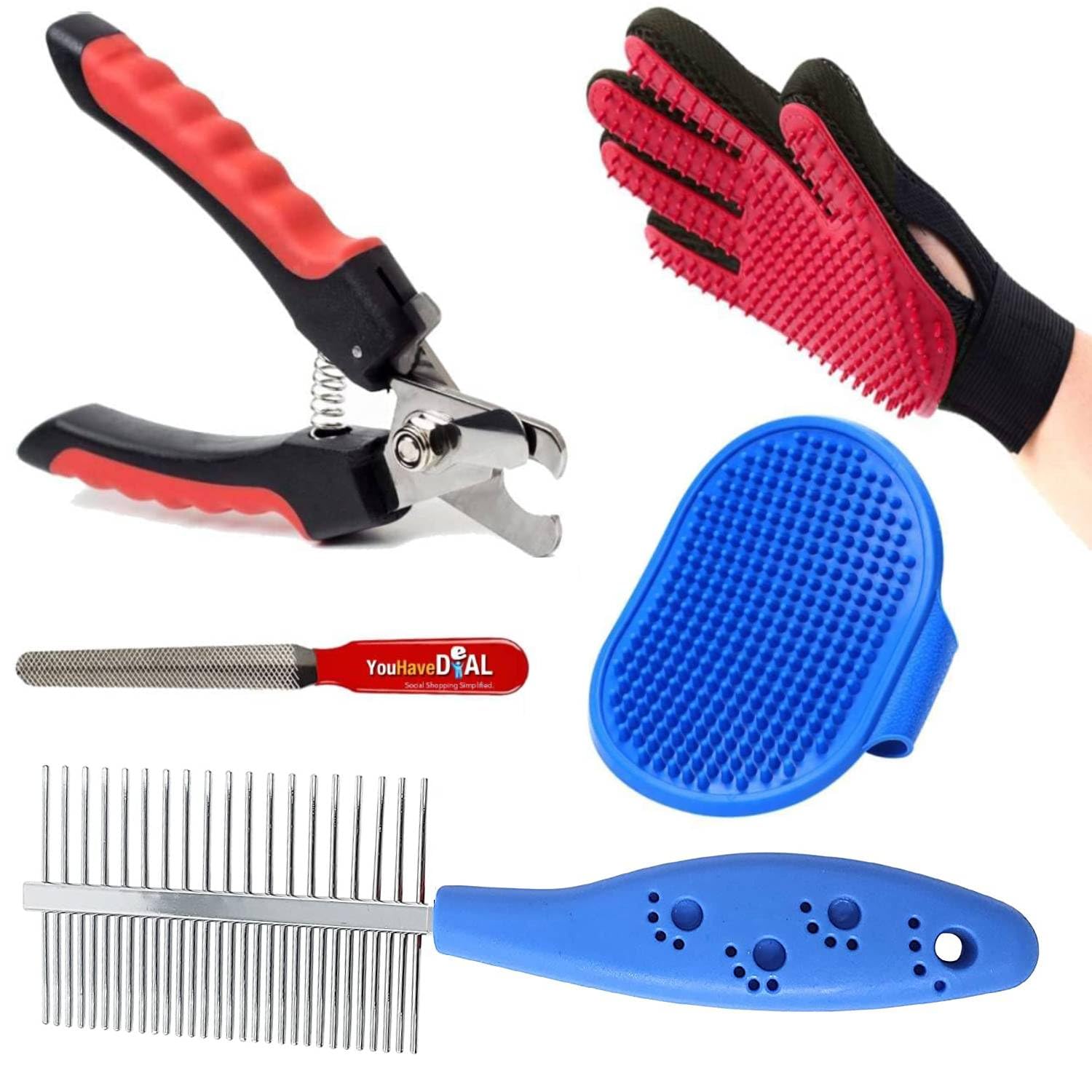 YOUHAVEDEAL Dog Grooming Kit - Dog Nail Cutter + Pet Bath Brush Grooming Comb with Adjustable Ring + Pet Single Steel Comb + Pet Grooming Glove for Dog, Puppy, Cat and Kitten - 5 in 1 Dog Combo (B09WYX1JRM) Amazon Price History, Amazon Price Tracker