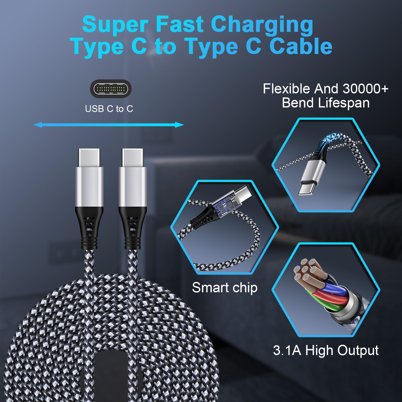 Cavo di ricarica da USB C a USB C, 3 m, 60 W, intrecciato, lungo da tipo C a tipo C, cavo di ricarica rapida per iPhone 16e/16 Pro Max/16/15 Pro/15 Plus/Samsung Galaxy S25 Edge/S24 Ultra/S23/S22/S21