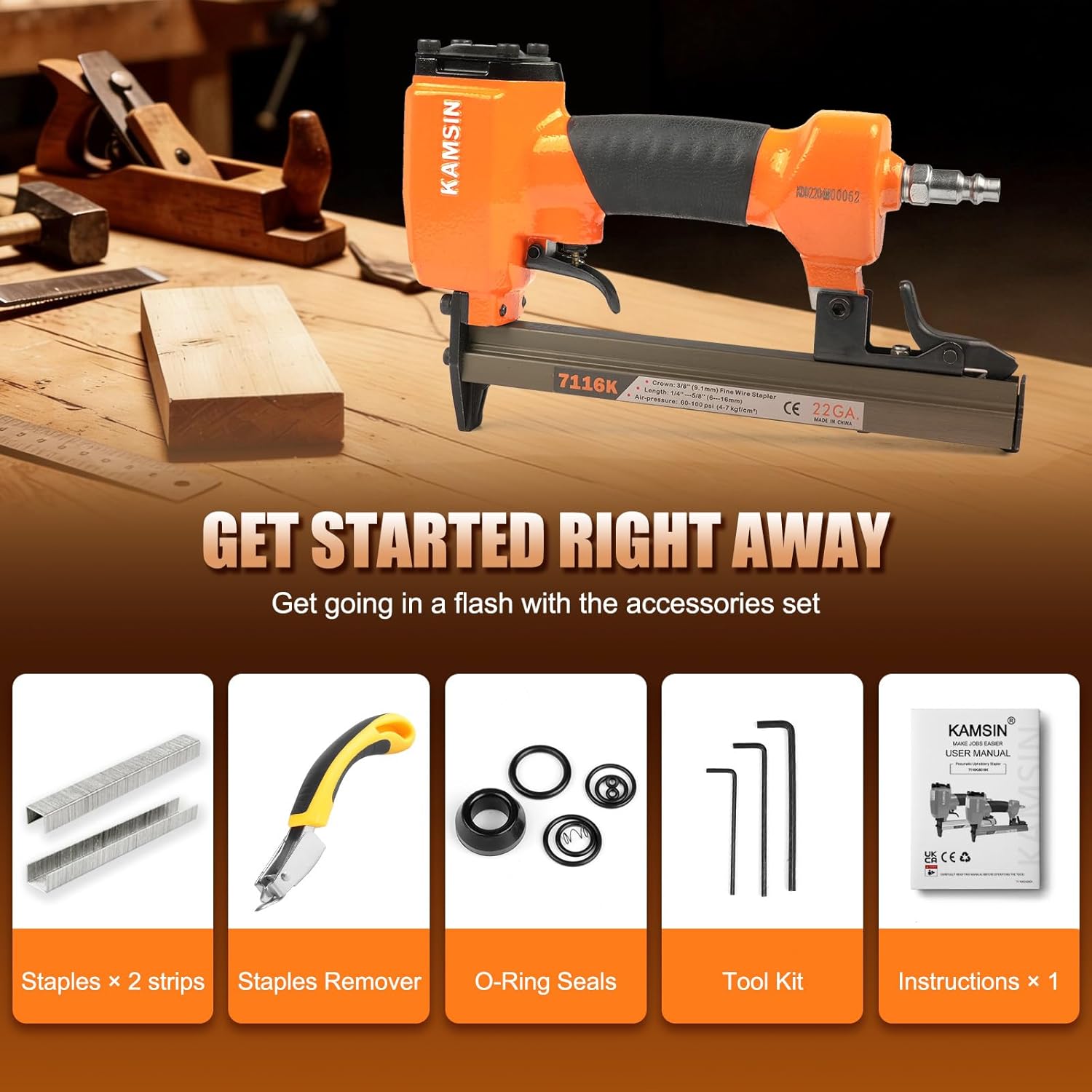 7116K 22 Gauge 71 Series Pneumatic Upholstery Stapler, 3/8-inch(9.0mm) Crown Fine Wire Tool, 1/4-inch to 5/8-inch(6-16mm) Leg Length Air Upholstery Staple Gun for Furniture Upholstering