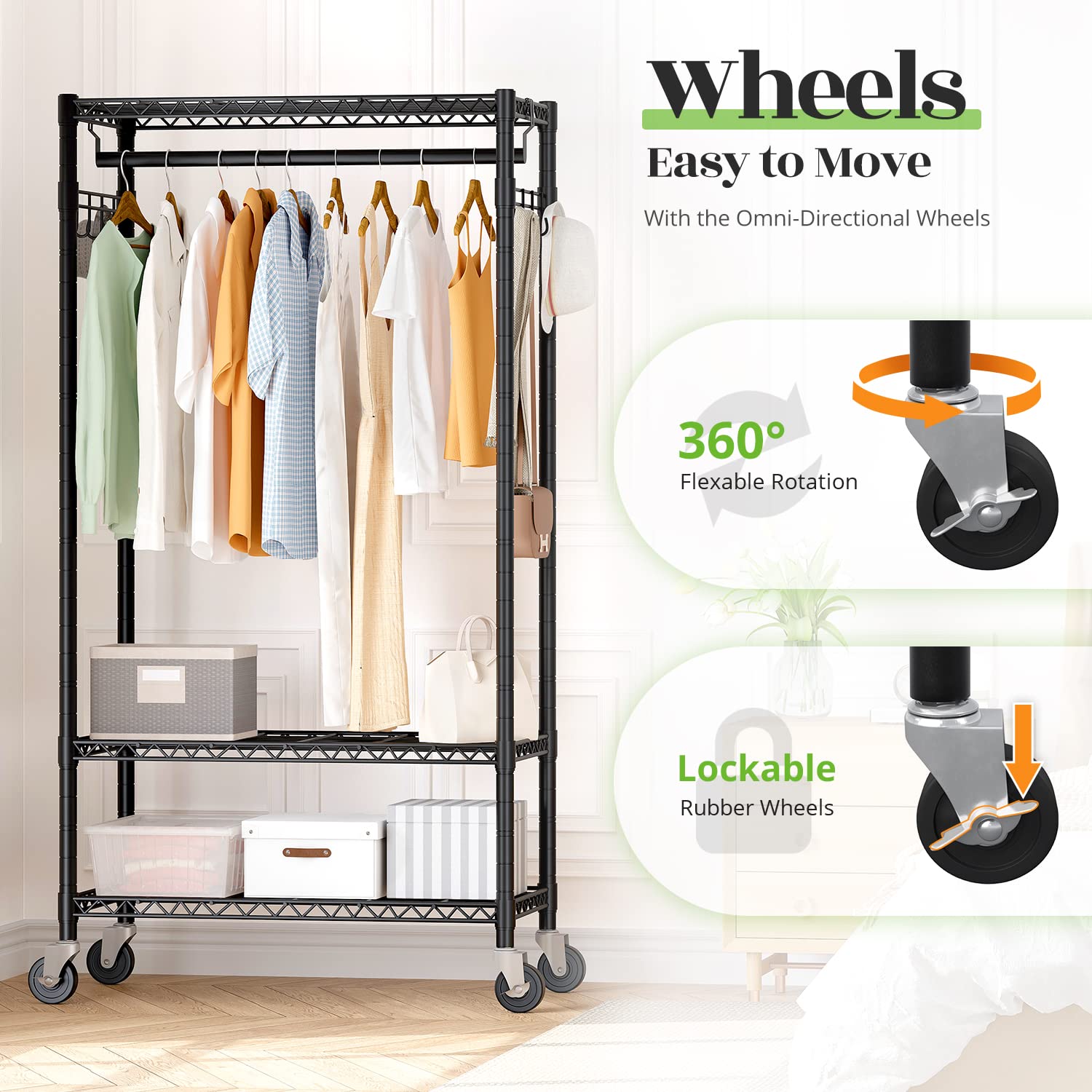 HOKEEPER Heavy Duty Rolling Wire Garment Rack Clothes Rack with Wheels