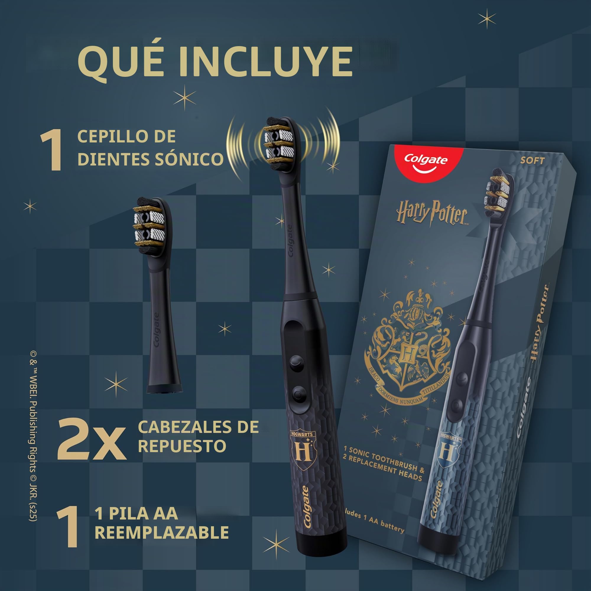 Colgate Harry Potter - Cepillo de dientes eléctrico con 2 cabezales de cepillo para adultos, funciona con pilas, suave