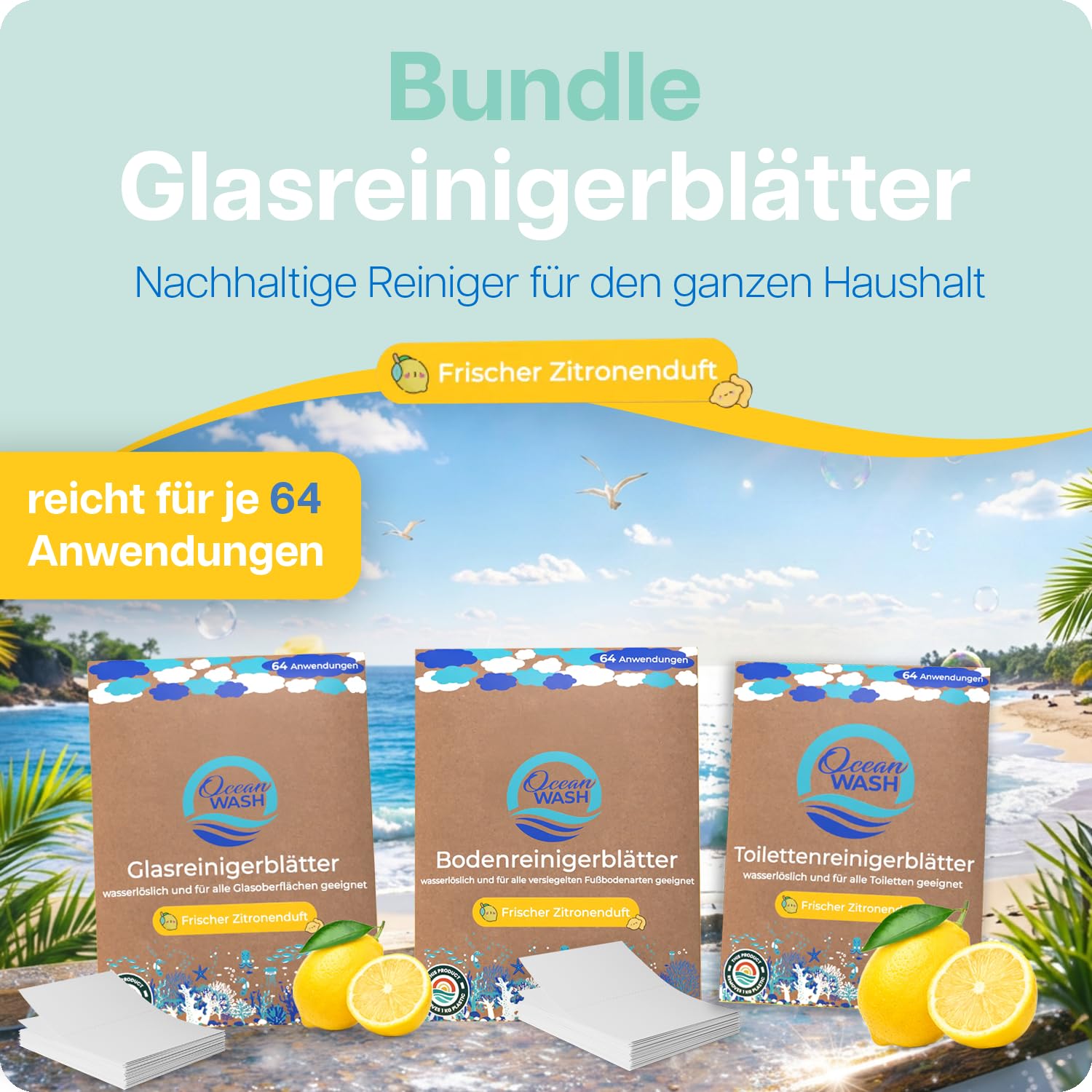 Haushaltsreiniger Bundle - 3x64 Anwendung inkl. Glasreiniger, Bodenreiniger und WC Reiniger - frischer Zitronenduft, ohne Mikroplastik