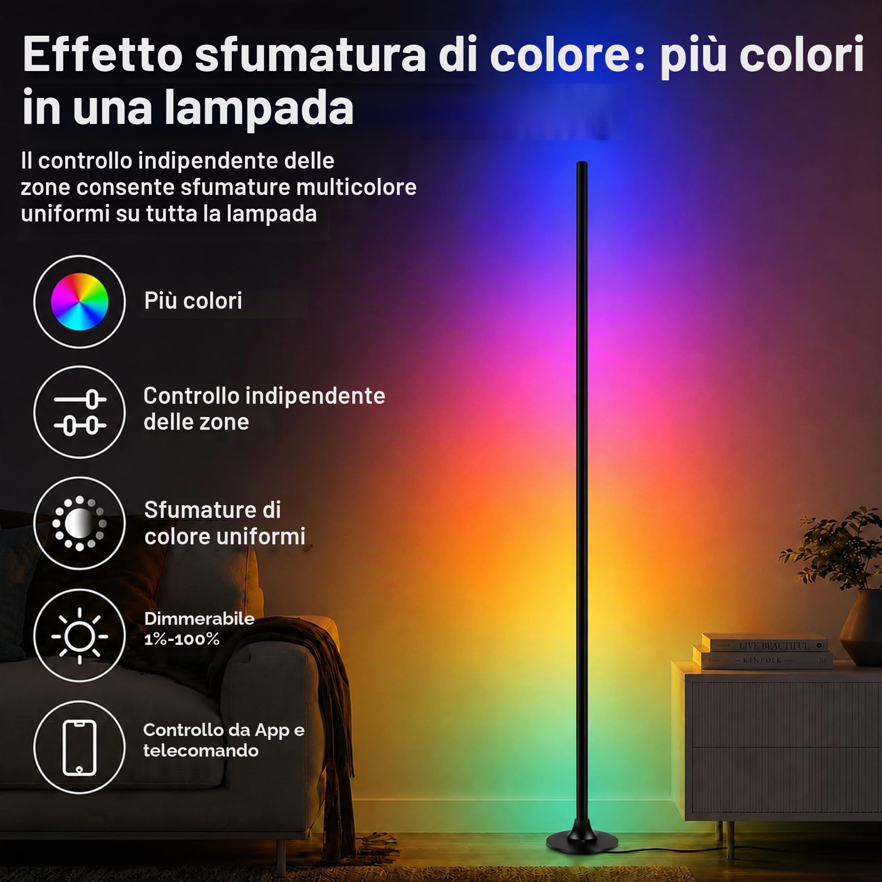 Lampada da terra a LED, lampada angolare a LED RGB con app e telecomando, sincronizzazione musicale, 16 milioni di colori, lampada intelligente per soggiorno, camera da letto e gaming–Confezione da 2