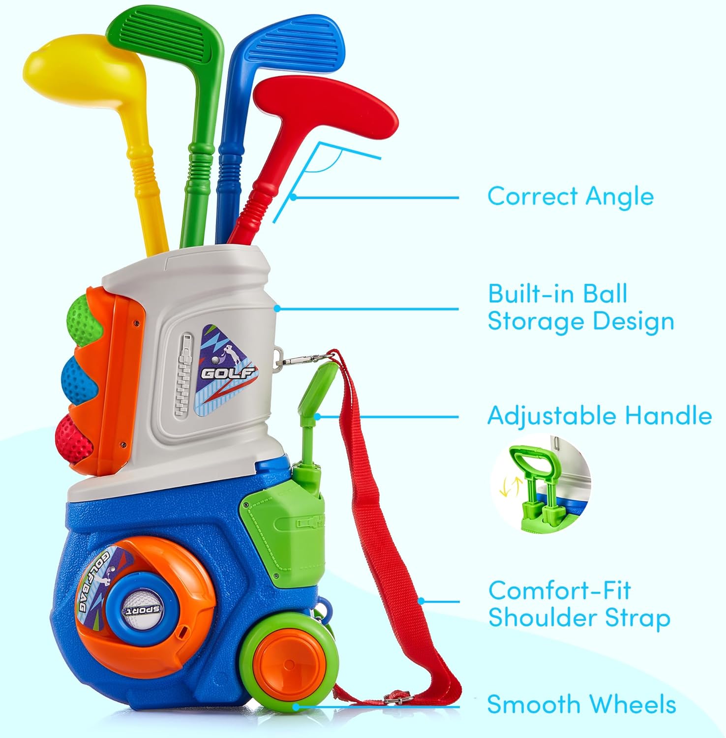 PJG Toddler Golf Set, Plastic Kids Golf Clubs Ages 1 2 3 4 5 Years Old with 4 Golf Clubs and 10 Balls, Indoor and Outdoor Toddler Golf Toys with Cart for Boys and Girls Birthday (Blue) - Image 3