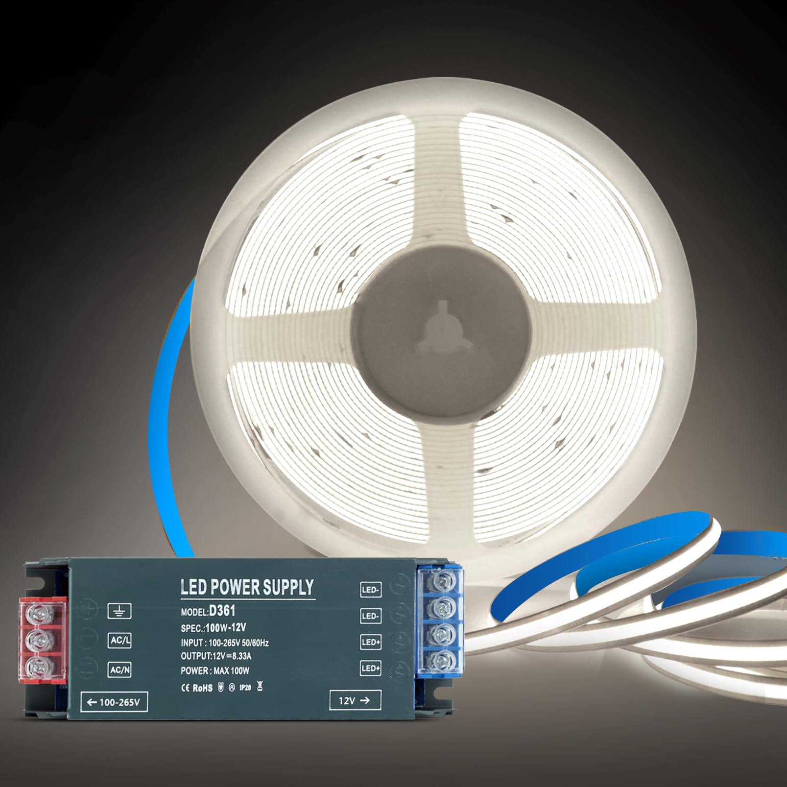 KSIBNW COB LED Strip 12V 5M, Cool White 6000K LED Strips Lights Kit 8mm Width Tape Lights Flexible CRI90+ Uniform Dotless with 12V Power Supply 100W Transformer for Cabinet Kitchen Mirror — image 1