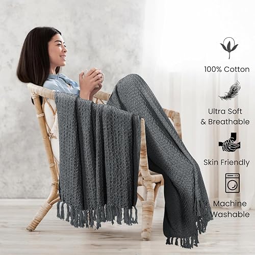 Miniatura 2 de Comfy-co Manta 100% algodón de punto gofre, calidad de 405 GSM, ligera, lavada, suave, transpirable, para adultos y niños, capa perfecta para sofá,