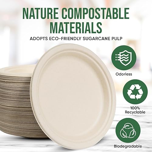 Miniatura 5 de Platos de papel compostables de 9 pulgadas (paquete de 100)  Vajilla desechable ecológica para fiestas, microondas y resistente al agua y al aceite