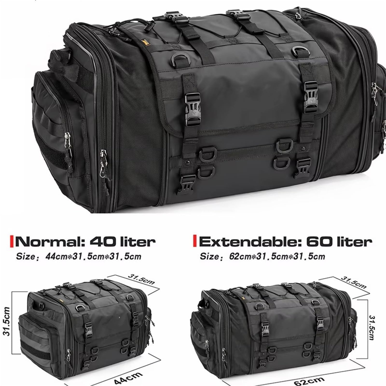 Sacoche arrière de Moto Universel pour Benelli Sacoche De Selle Moto en PVC Étanche 20-40-60L Arrière Sac de Selle Moto(1 Piece Black 40L-60L)