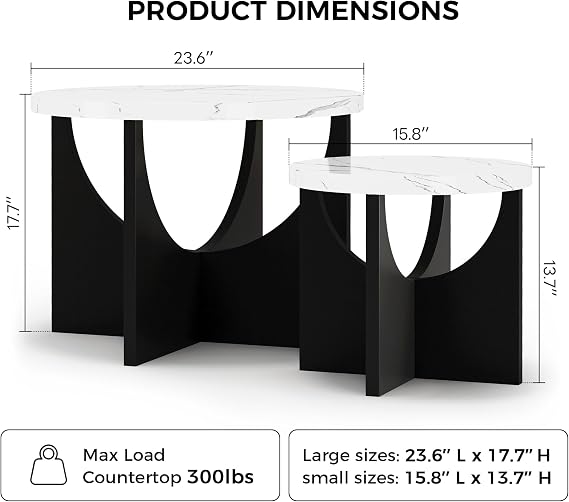 LIKIMIO Nesting Coffee Tables Set of 2, 23.6 Small Tables, Marble White