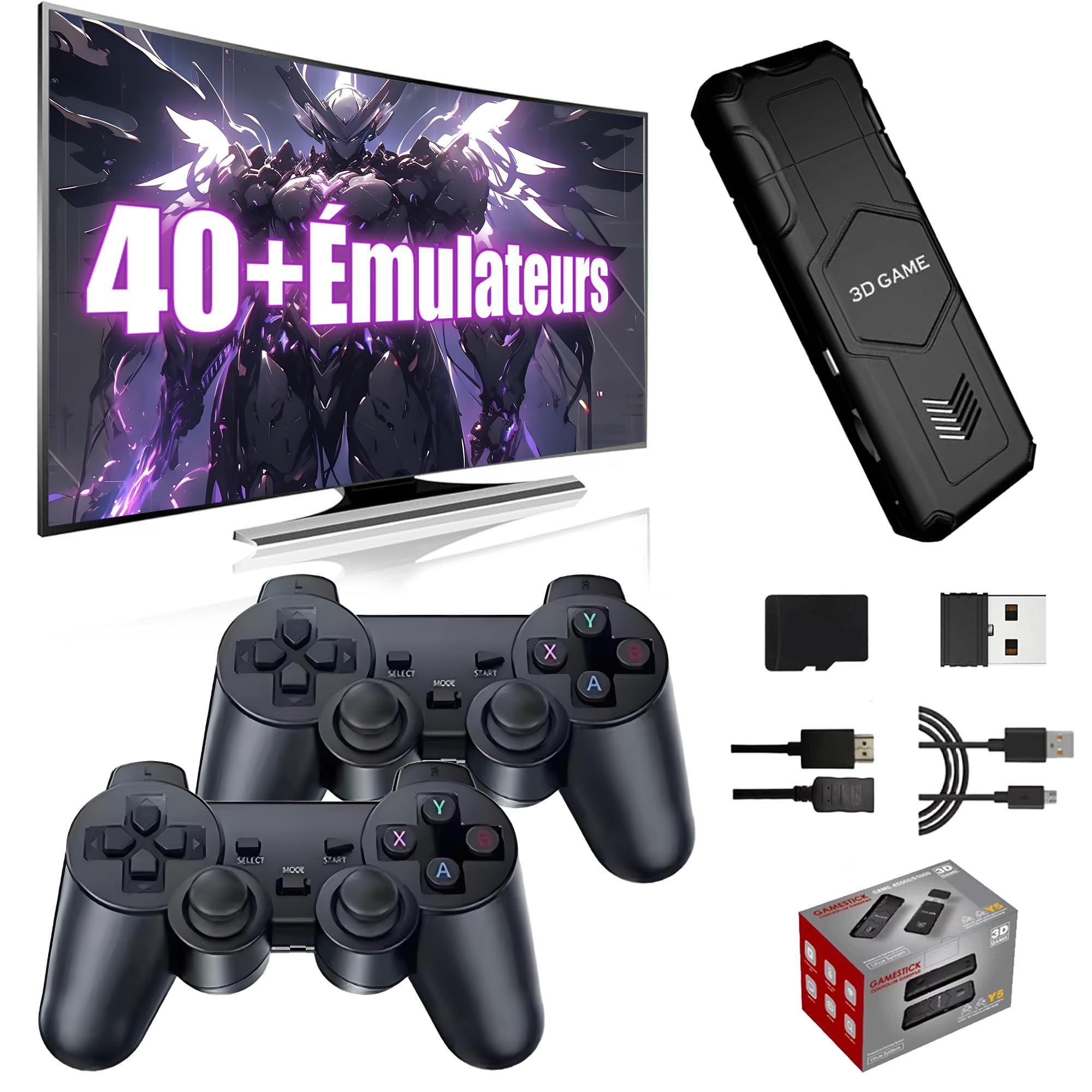 Y5 - Consola de videojuegos retro 4K, consola retrogaming de vídeo, compatible con 45+ emuladores, 2 mandos inalámbricos de 2,4 GHz, Gamepad Stick portátil Plug and Play para TV (128 GB)