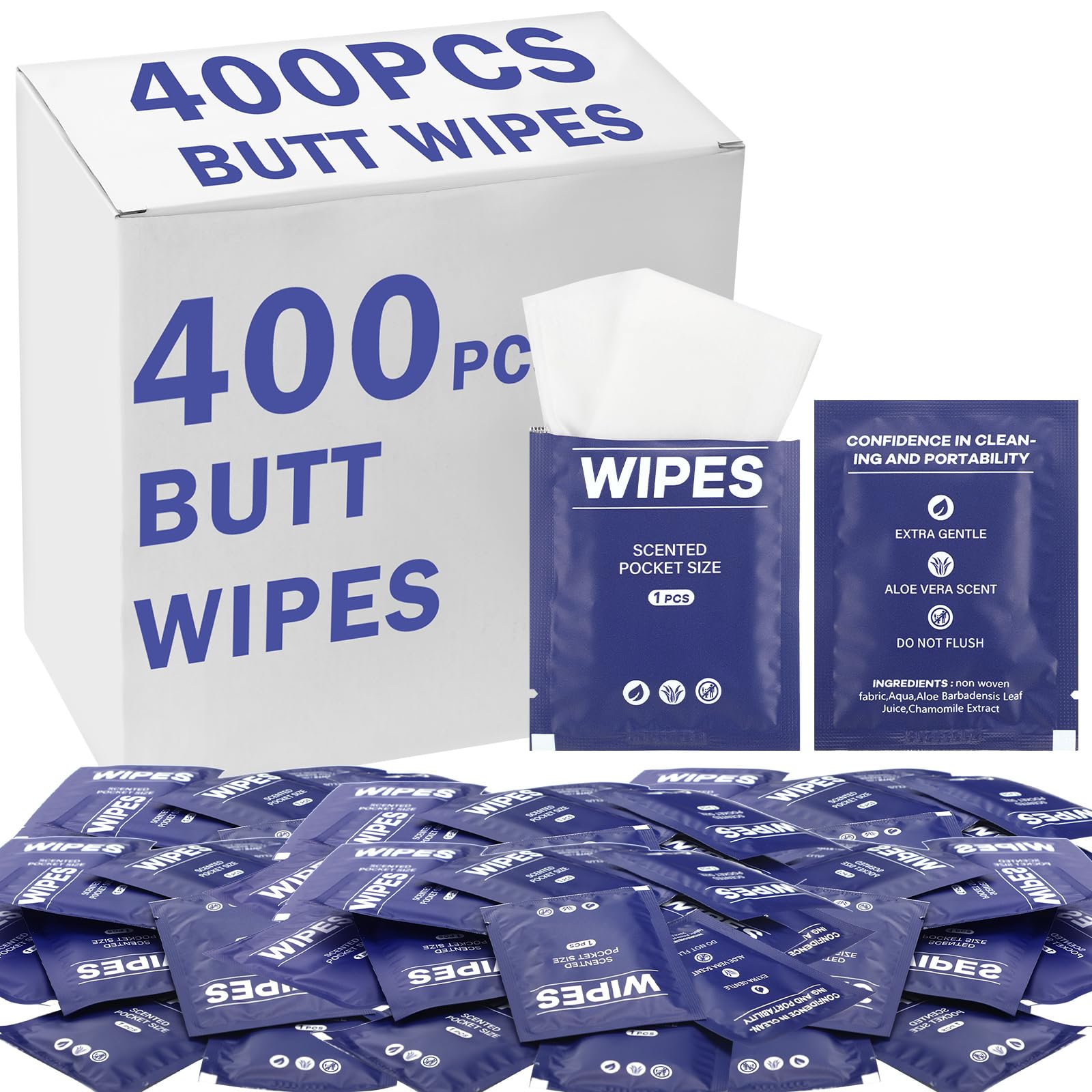 400 Pcs Butt Wet Wipes for Women Individually Wrapped Wipes for Women Man Travel Hand Face Body Cleaning Adults Bathroom Toilet Daily Use(Blue)