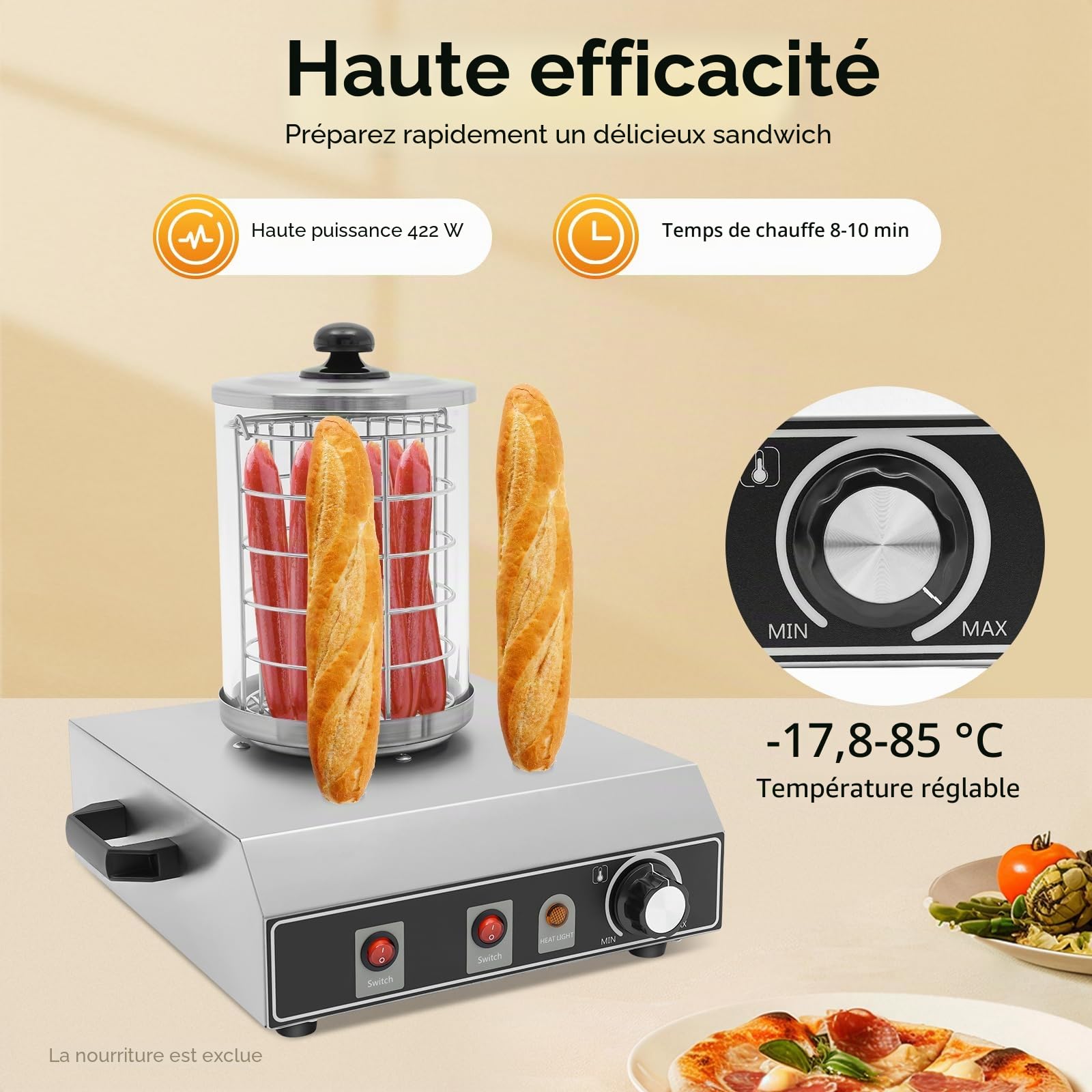 Chauffe-saucisses, réchaud à saucisses, appareil de cuisson à saucisses, chauffe-saucisses, en acier inoxydable, température réglable de 0 à 185 °C, pour la maison, restaurant, café, boulangerie