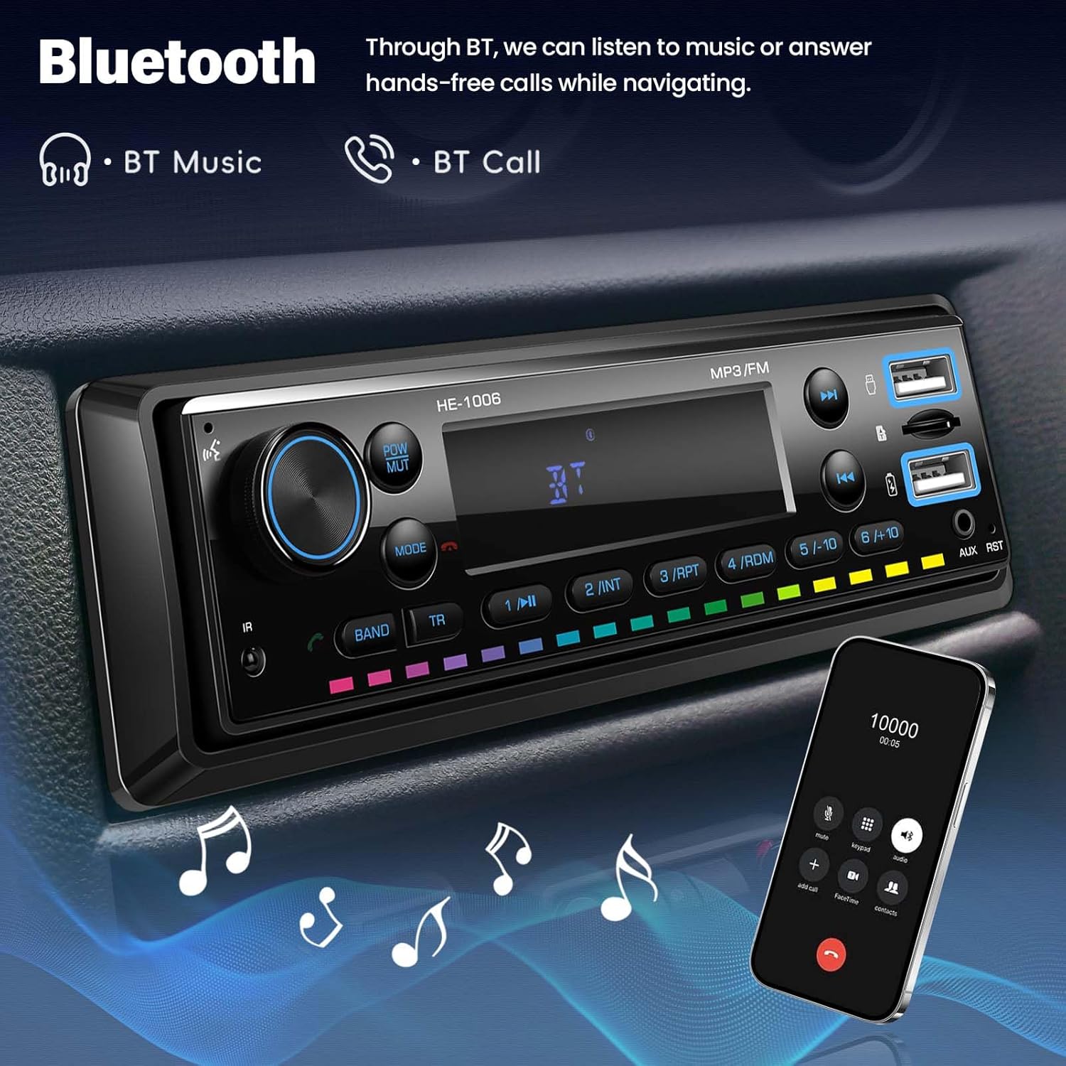 Car radio displaying 'BT' for Bluetooth, with icons for Bluetooth music and calls, and a phone screen showing an incoming call.