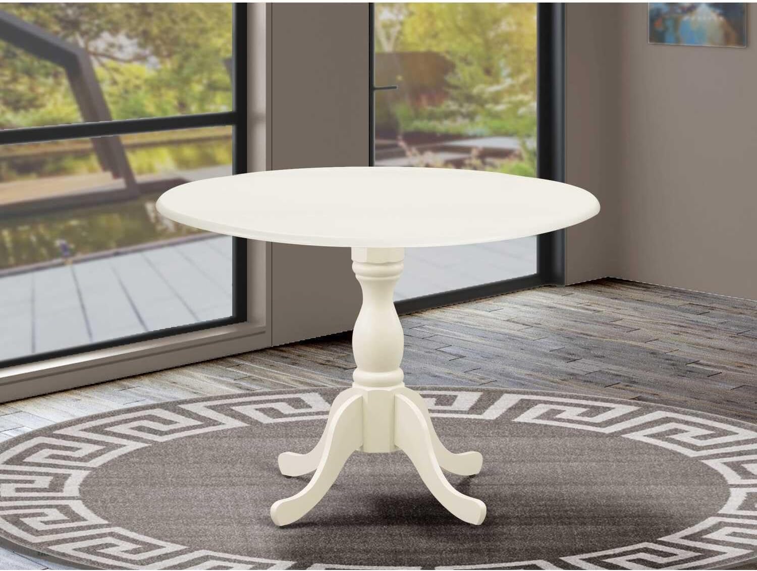 HomeStock Round Wood Dining Table - Sturdy Kitchen Table for Small Spaces Bright Linen White/42-Inch with Dropleaf