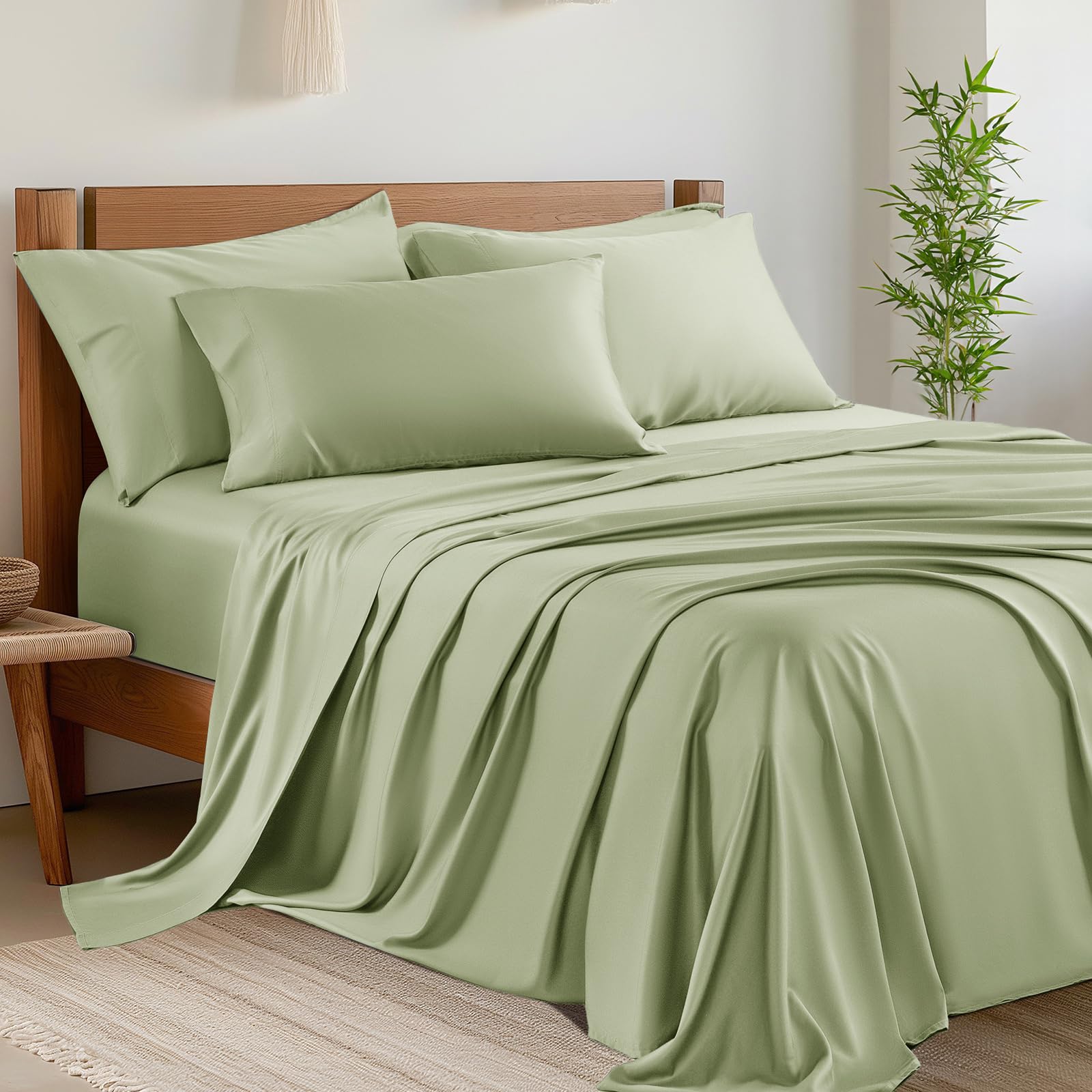 6 Piece Queen Sheet Sets, Cooling Sheets, Blend Rayon Derived from Bamboo, Deep Pocket Up to 16", Breathable & Soft Bed Sheets, Hotel Silky Bedding Set, Sage Green