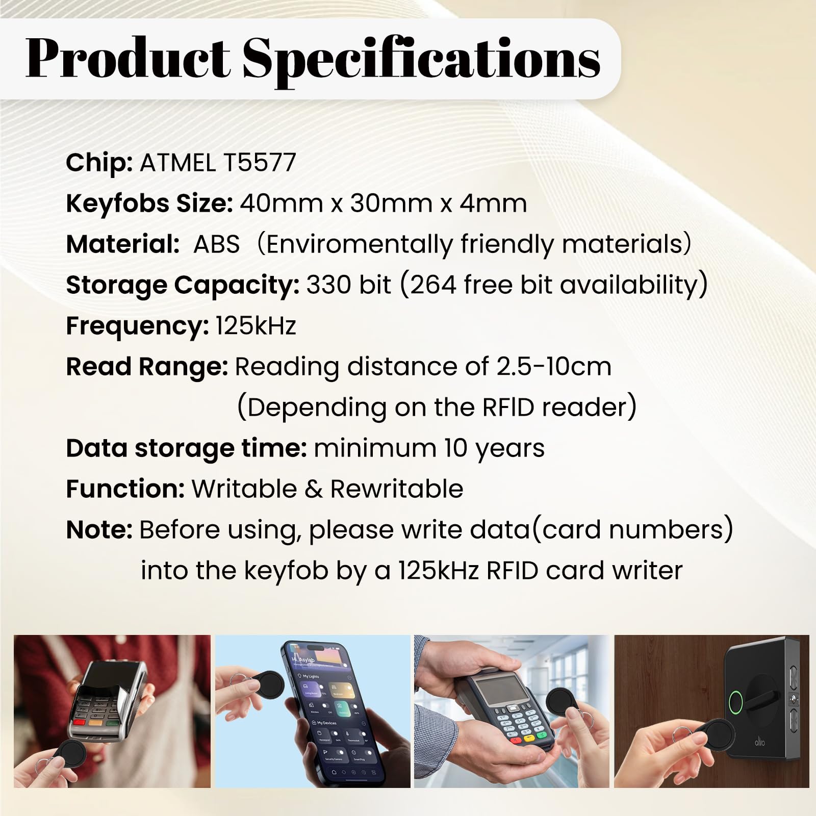 Lot de 50 porte-clés RFID T5577 125 kHz inscriptibles T5577 pour cartes d'identification de proximité, jetons T5577 universels pour systèmes de contrôle d'accès sans clé et verrouillage de sécurité