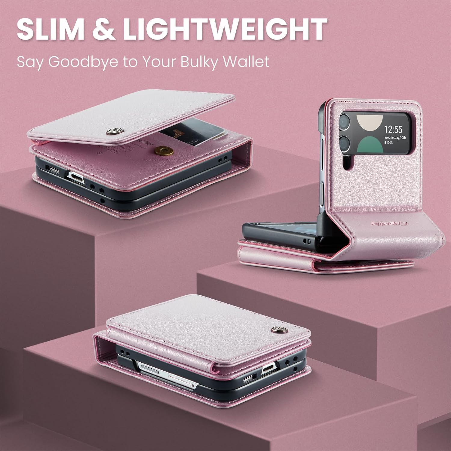 for Samsung Galaxy Z Flip 3 Wallet Case with RFID Blocking and 4 Credit Card Holder, Premium Durable Leather Magnetic Clasp Kickstand Heavy Duty Shockproof Protective Cover.- Pink