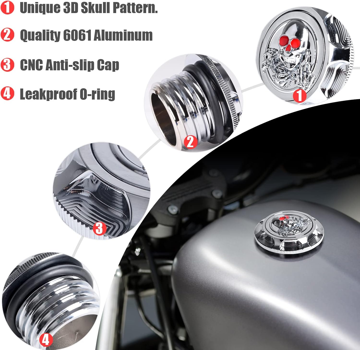 Aluminum Fuel Gas Tank Cover Fuel Tank Gas Cap Compatible with Harley Sportster XL 1200 883 X48 Road King Softail Dyna Touring Right-hand Thread,Non Vented (Chrome A)